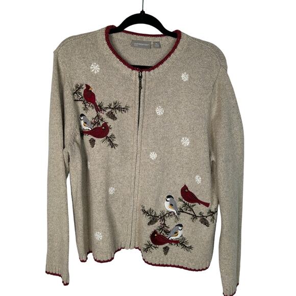 Vintage 90s EMBROIDERED Birds Snowflake Cardigan Sweater Large Petite Cotton Tan - Picture 1 of 6
